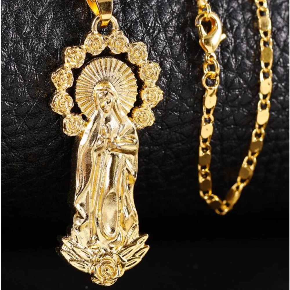 14k Gold Plated Womens Mens Link Chain And Virgin Mary Pendant Necklace 18” - Picture 16 of 16